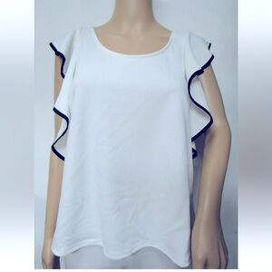 STOCKH LM Issa White & Black Detail Ruffle Sleeve Sleeveless Blouse NWOT